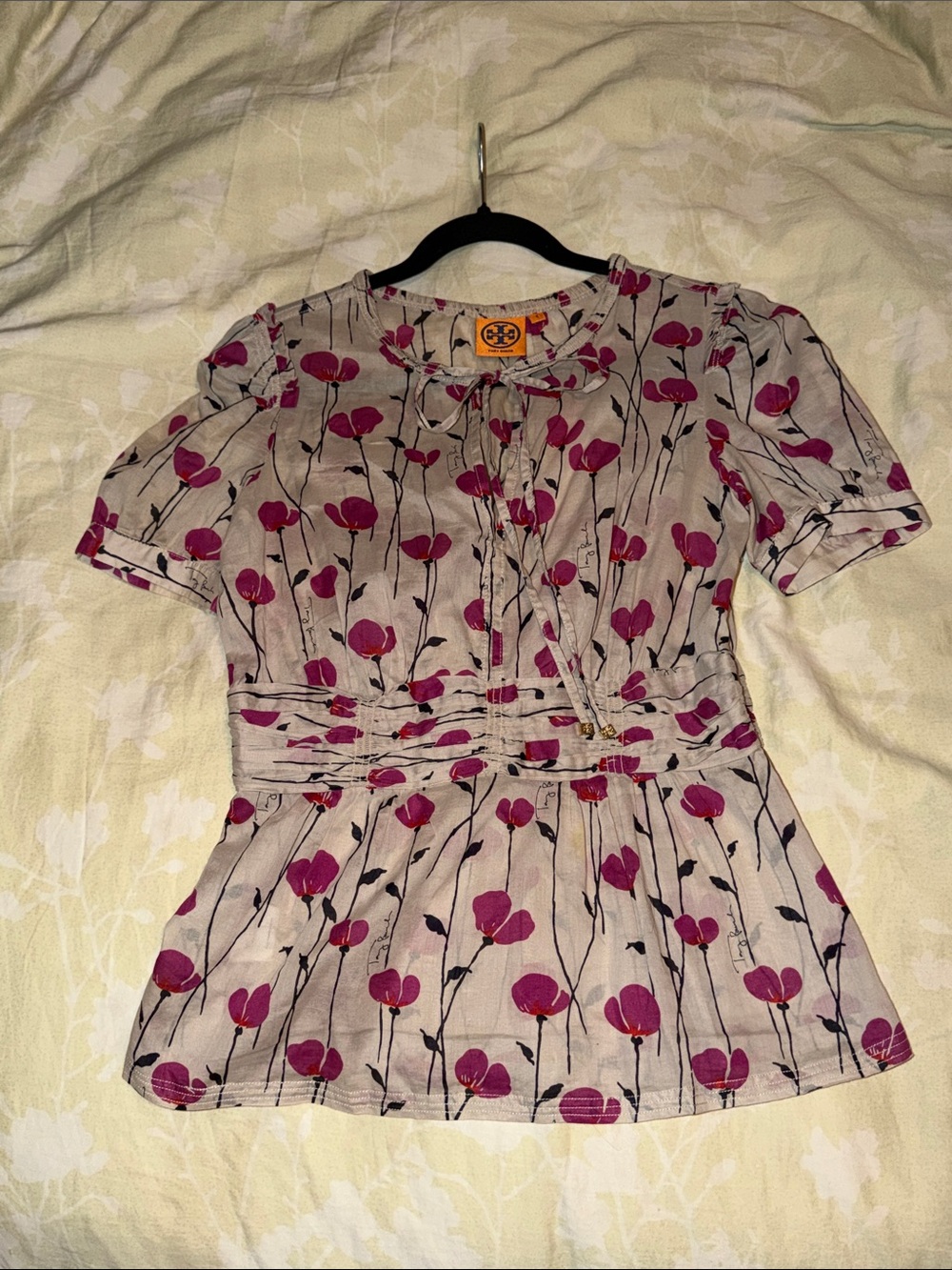Tory Burch Peplum Blouse in Cream and Pink